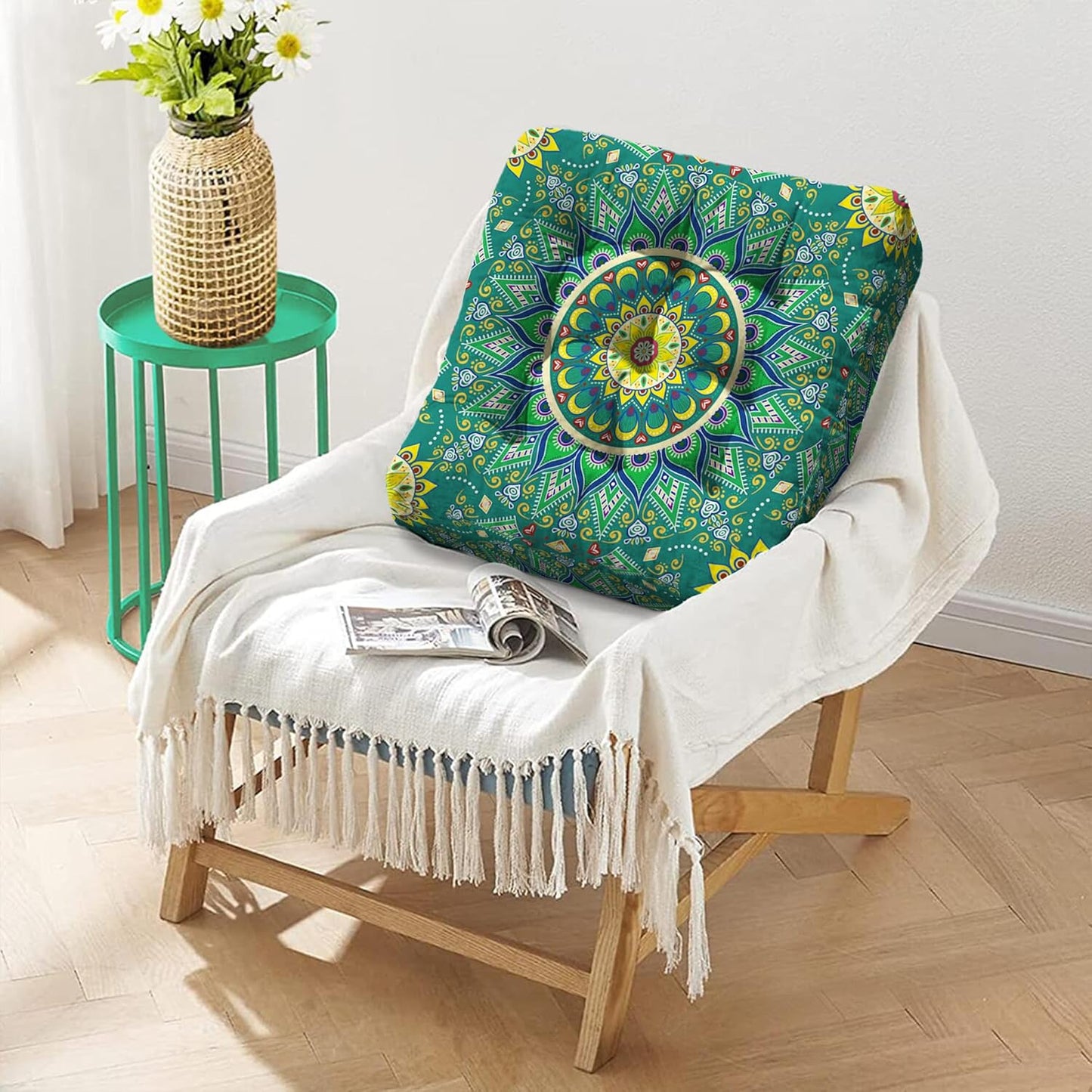 Mandala Meditation Cushion, Boho Meditation Mat, Meditation Pillows for Sitting on Floor, Cushions for Sitting in Home and Outdoor, Round Floor Pillows Cushion Seating for Yoga Accessories 22'' X 22''