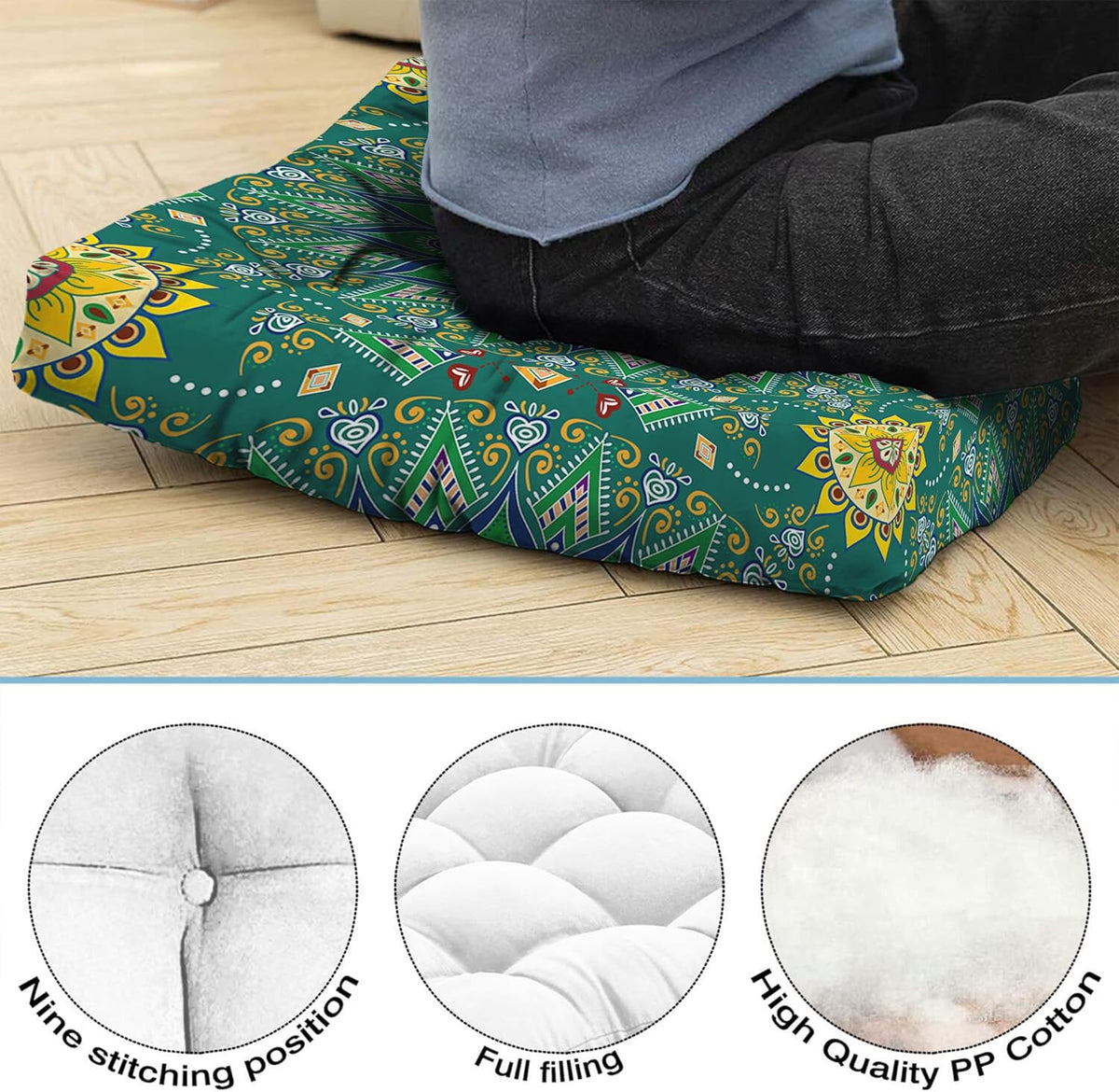 Mandala Meditation Cushion, Boho Meditation Mat, Meditation Pillows for Sitting on Floor, Cushions for Sitting in Home and Outdoor, Round Floor Pillows Cushion Seating for Yoga Accessories 22'' X 22''