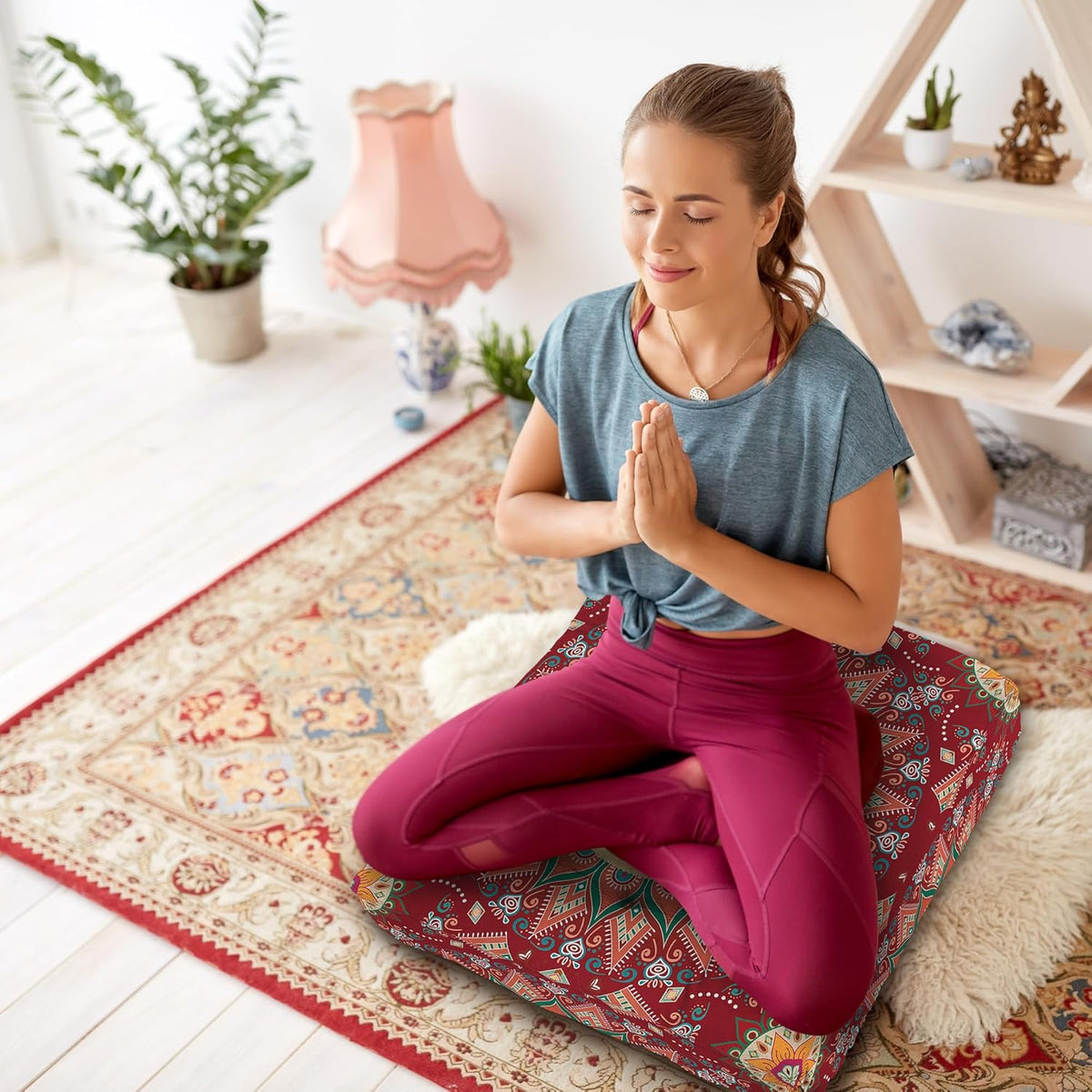 Mandala Meditation Cushion, Boho Meditation Mat, Meditation Pillows for Sitting on Floor, Cushions for Sitting in Home and Outdoor, Round Floor Pillows Cushion Seating for Yoga Accessories 22'' X 22''