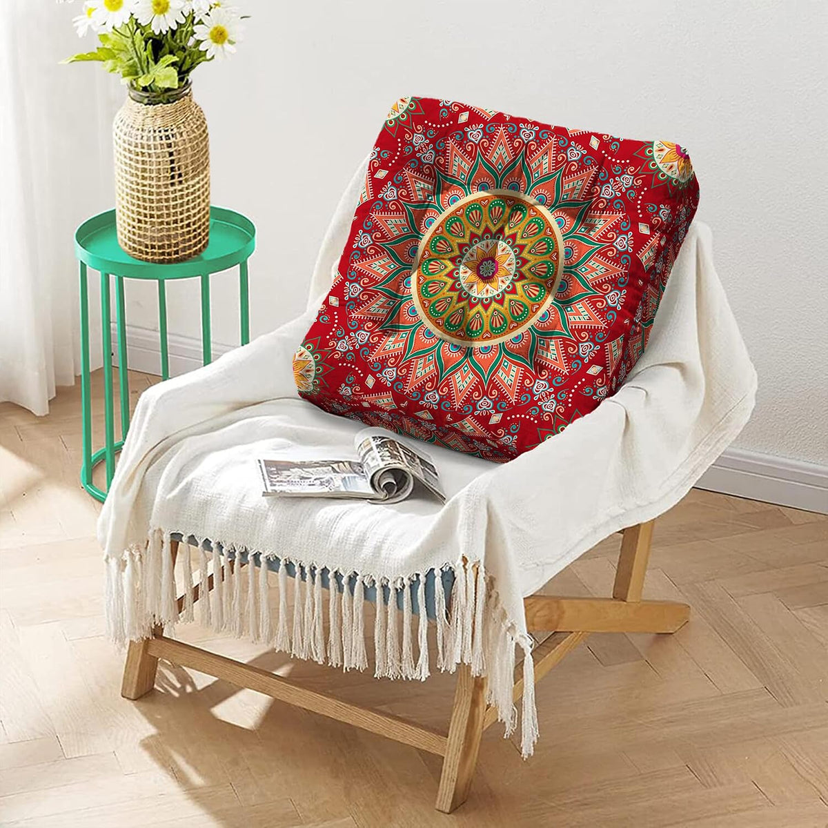 Mandala Meditation Cushion, Boho Meditation Mat, Meditation Pillows for Sitting on Floor, Cushions for Sitting in Home and Outdoor, Round Floor Pillows Cushion Seating for Yoga Accessories 22'' X 22''