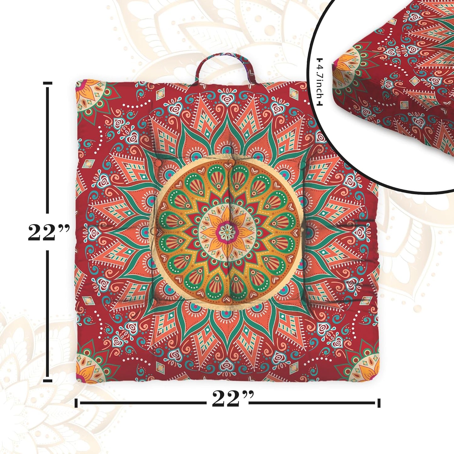 Mandala Meditation Cushion, Boho Meditation Mat, Meditation Pillows for Sitting on Floor, Cushions for Sitting in Home and Outdoor, Round Floor Pillows Cushion Seating for Yoga Accessories 22'' X 22''