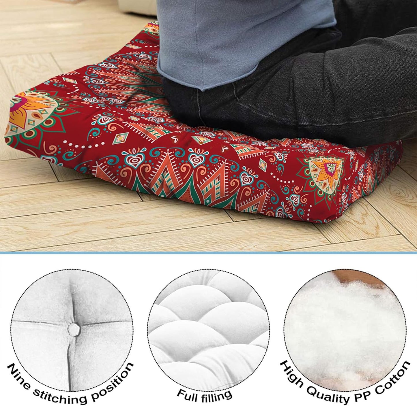 Mandala Meditation Cushion, Boho Meditation Mat, Meditation Pillows for Sitting on Floor, Cushions for Sitting in Home and Outdoor, Round Floor Pillows Cushion Seating for Yoga Accessories 22'' X 22''
