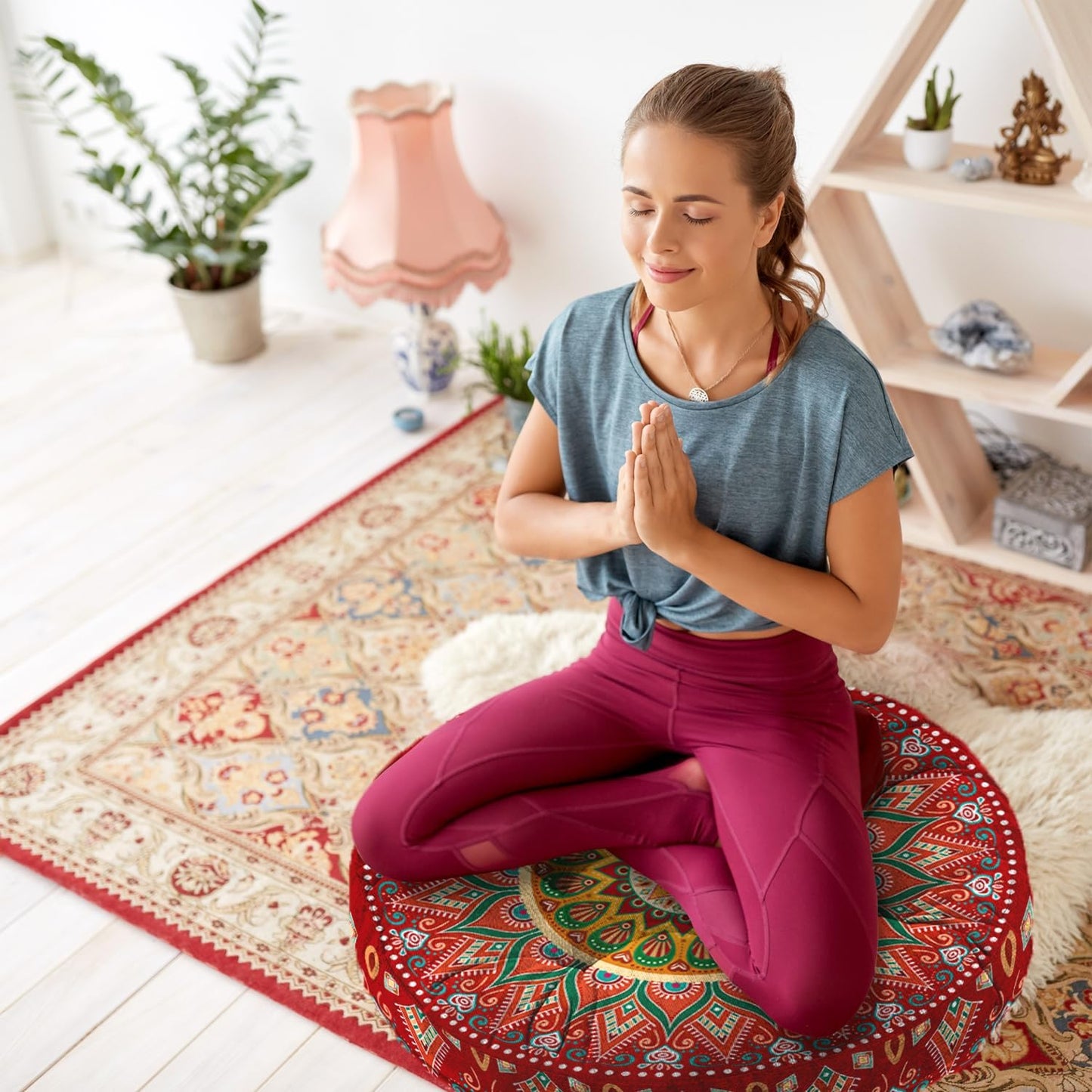 Mandala Meditation Cushion, Boho Meditation Mat, Meditation Pillows for Sitting on Floor, Cushions for Sitting in Home and Outdoor, Round Floor Pillows Cushion Seating for Yoga Accessories 22'' X 22''