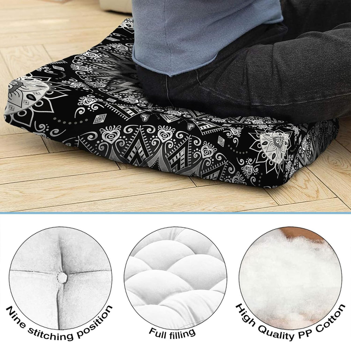 Mandala Meditation Cushion, Boho Meditation Mat, Meditation Pillows for Sitting on Floor, Cushions for Sitting in Home and Outdoor, Round Floor Pillows Cushion Seating for Yoga Accessories 22'' X 22''