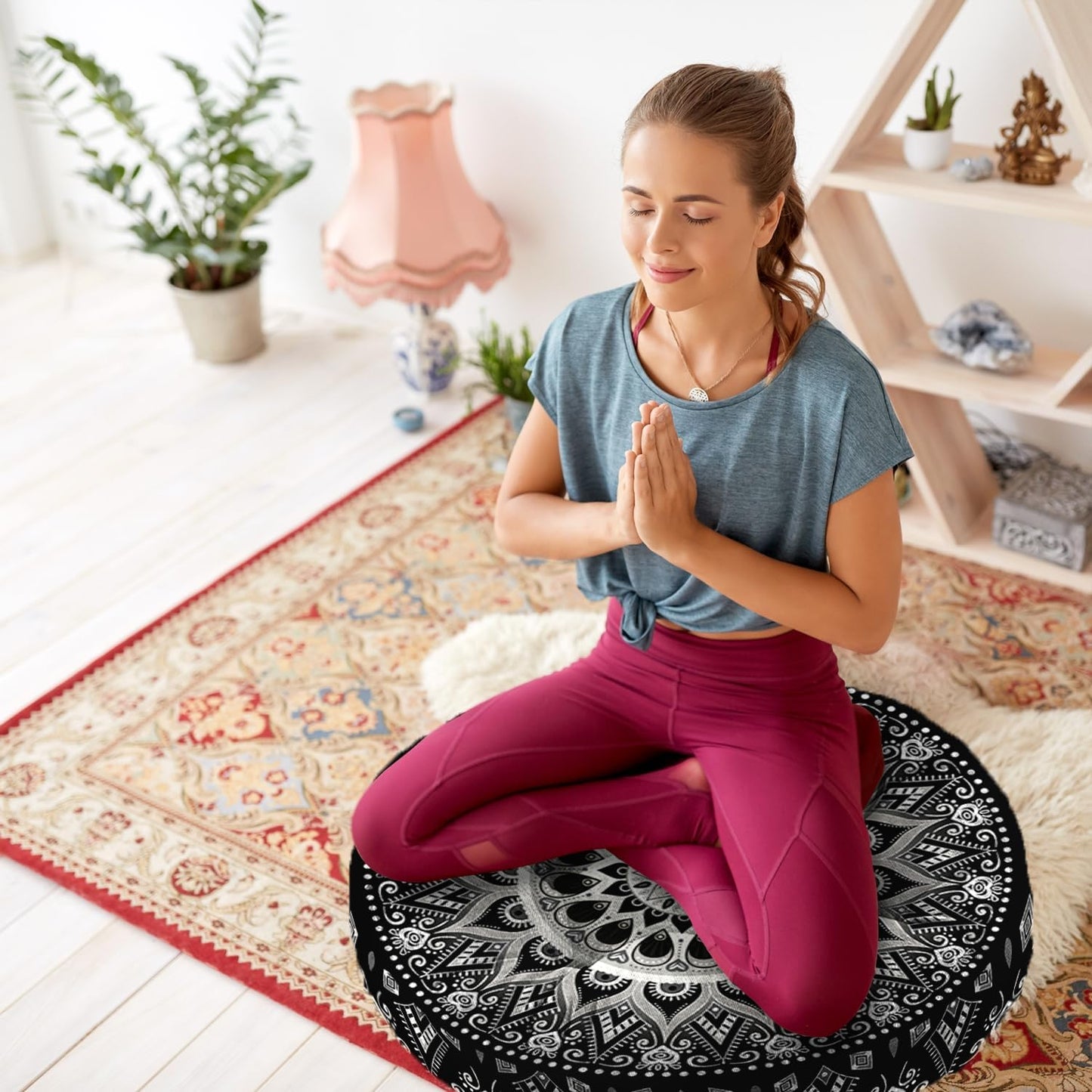 Mandala Meditation Cushion, Boho Meditation Mat, Meditation Pillows for Sitting on Floor, Cushions for Sitting in Home and Outdoor, Round Floor Pillows Cushion Seating for Yoga Accessories 22'' X 22''