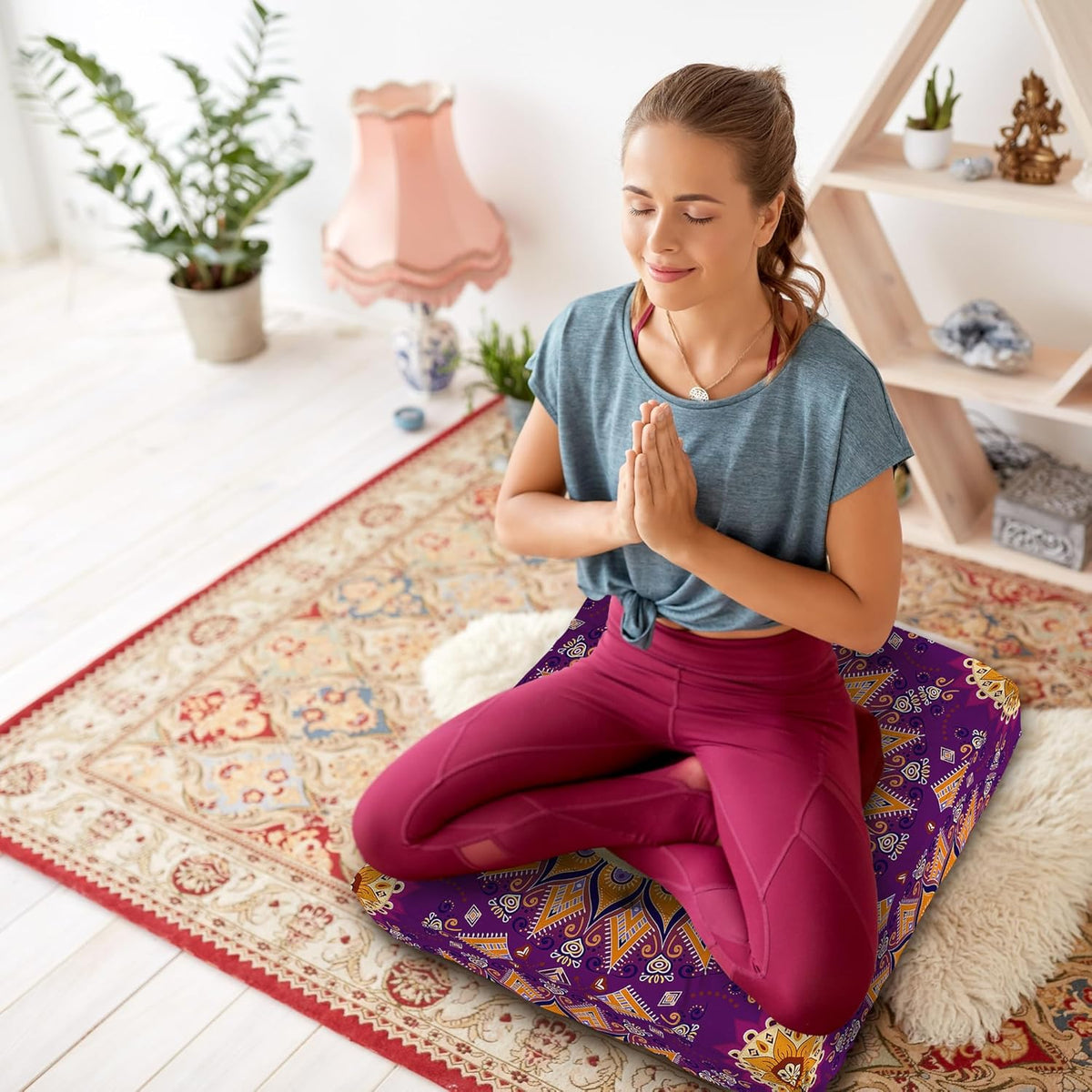 Mandala Meditation Cushion, Boho Meditation Mat, Meditation Pillows for Sitting on Floor, Cushions for Sitting in Home and Outdoor, Round Floor Pillows Cushion Seating for Yoga Accessories 22'' X 22''