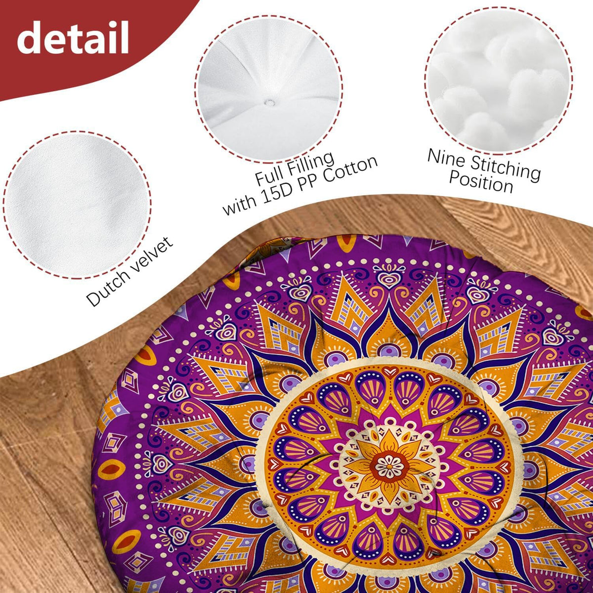 Mandala Meditation Cushion, Boho Meditation Mat, Meditation Pillows for Sitting on Floor, Cushions for Sitting in Home and Outdoor, Round Floor Pillows Cushion Seating for Yoga Accessories 22'' X 22''