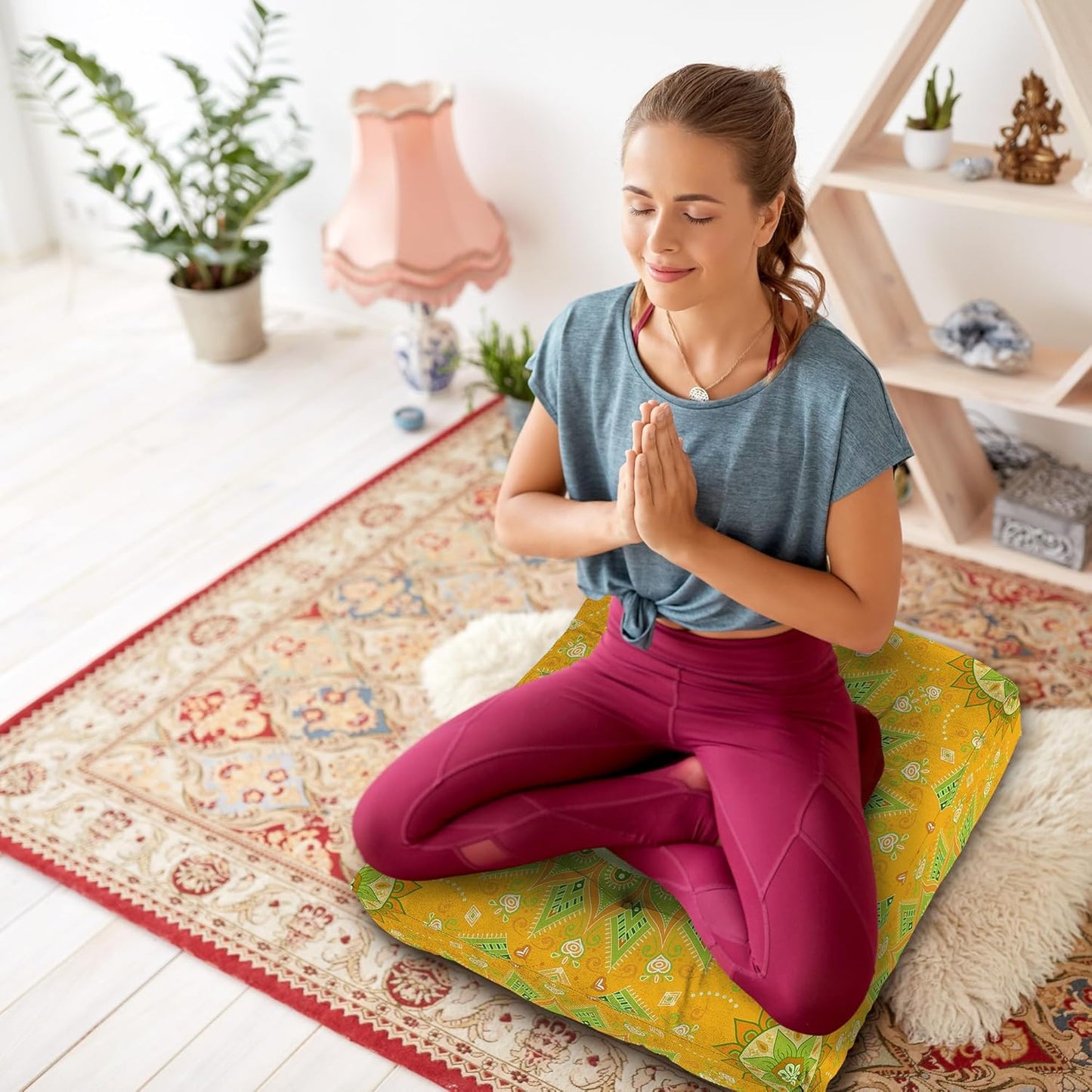 Mandala Meditation Cushion, Boho Meditation Mat, Meditation Pillows for Sitting on Floor, Cushions for Sitting in Home and Outdoor, Round Floor Pillows Cushion Seating for Yoga Accessories 22'' X 22''