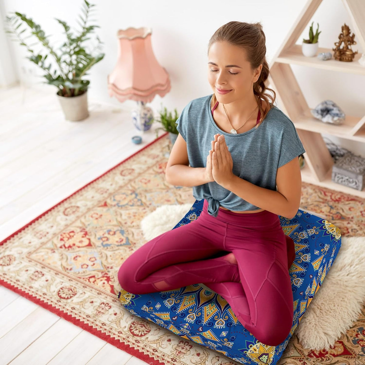 Mandala Meditation Cushion, Boho Meditation Mat, Meditation Pillows for Sitting on Floor, Cushions for Sitting in Home and Outdoor, Round Floor Pillows Cushion Seating for Yoga Accessories 22'' X 22''