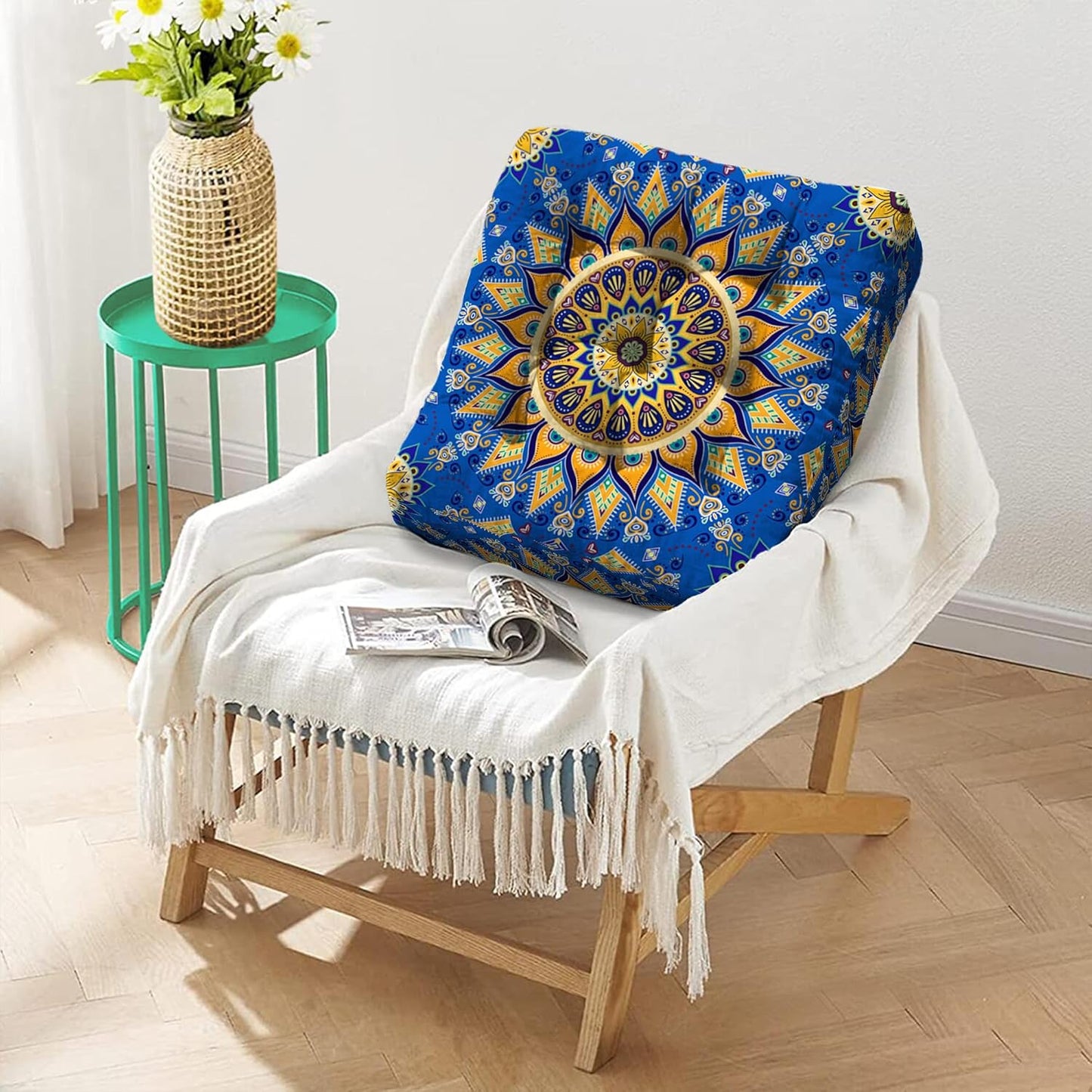 Mandala Meditation Cushion, Boho Meditation Mat, Meditation Pillows for Sitting on Floor, Cushions for Sitting in Home and Outdoor, Round Floor Pillows Cushion Seating for Yoga Accessories 22'' X 22''