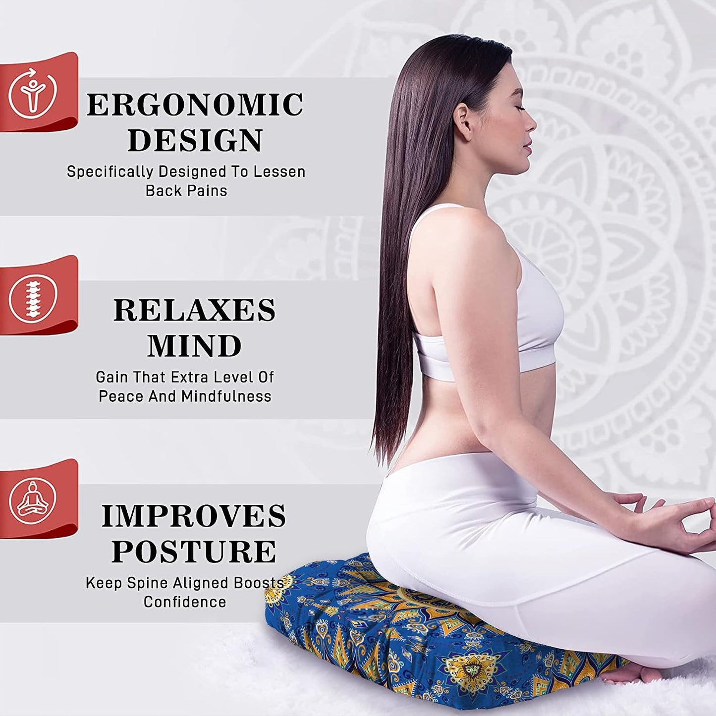 Mandala Meditation Cushion, Boho Meditation Mat, Meditation Pillows for Sitting on Floor, Cushions for Sitting in Home and Outdoor, Round Floor Pillows Cushion Seating for Yoga Accessories 22'' X 22''