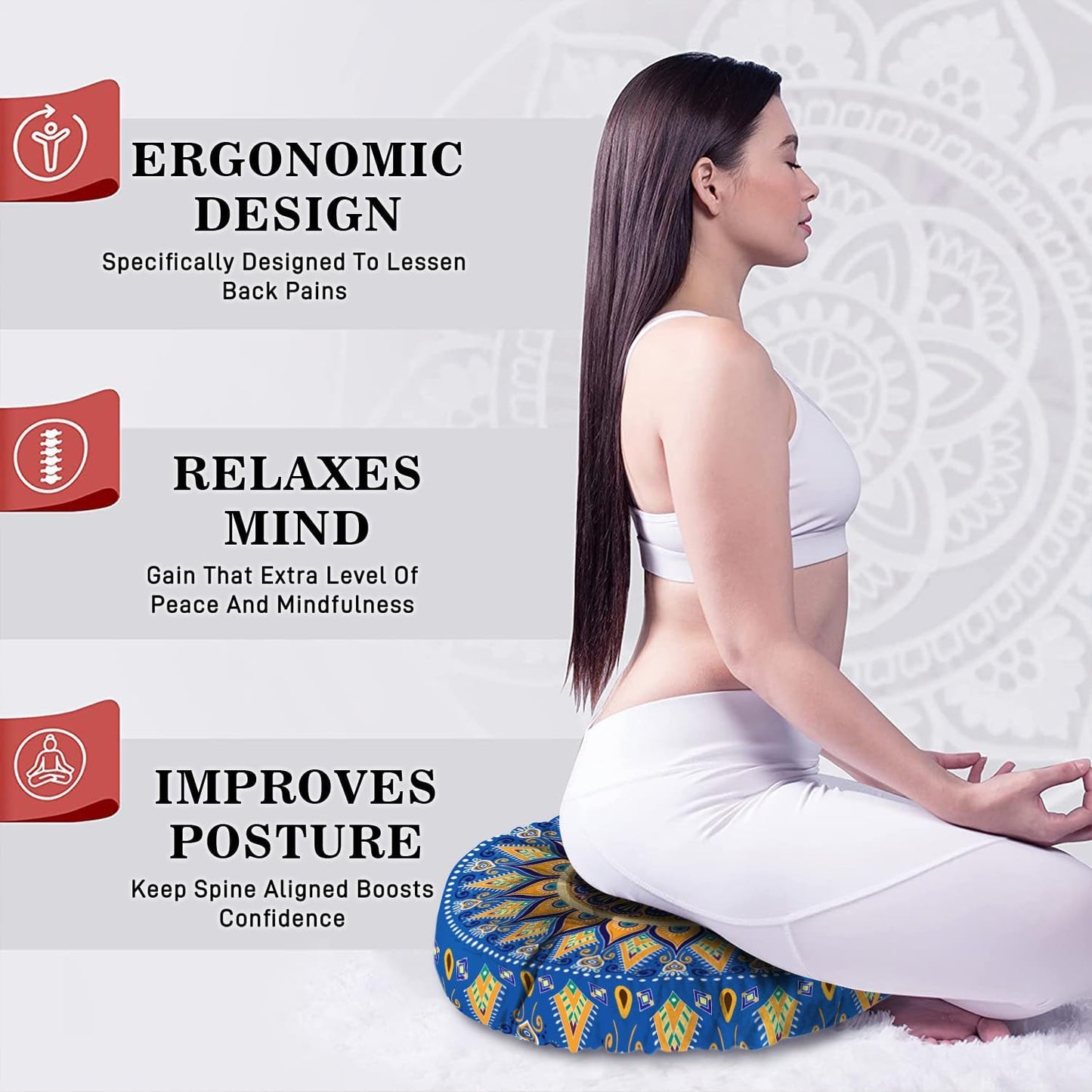 Mandala Meditation Cushion, Boho Meditation Mat, Meditation Pillows for Sitting on Floor, Cushions for Sitting in Home and Outdoor, Round Floor Pillows Cushion Seating for Yoga Accessories 22'' X 22''