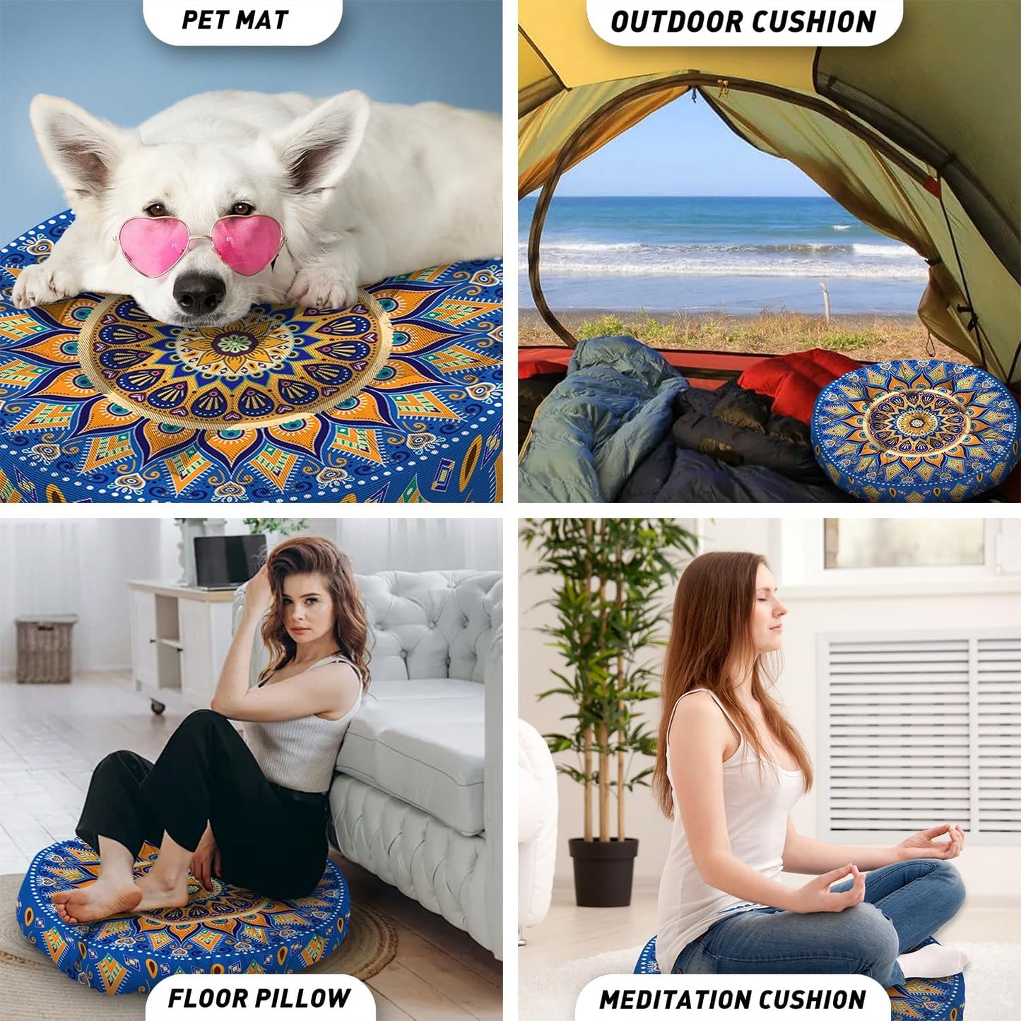 Mandala Meditation Cushion, Boho Meditation Mat, Meditation Pillows for Sitting on Floor, Cushions for Sitting in Home and Outdoor, Round Floor Pillows Cushion Seating for Yoga Accessories 22'' X 22''