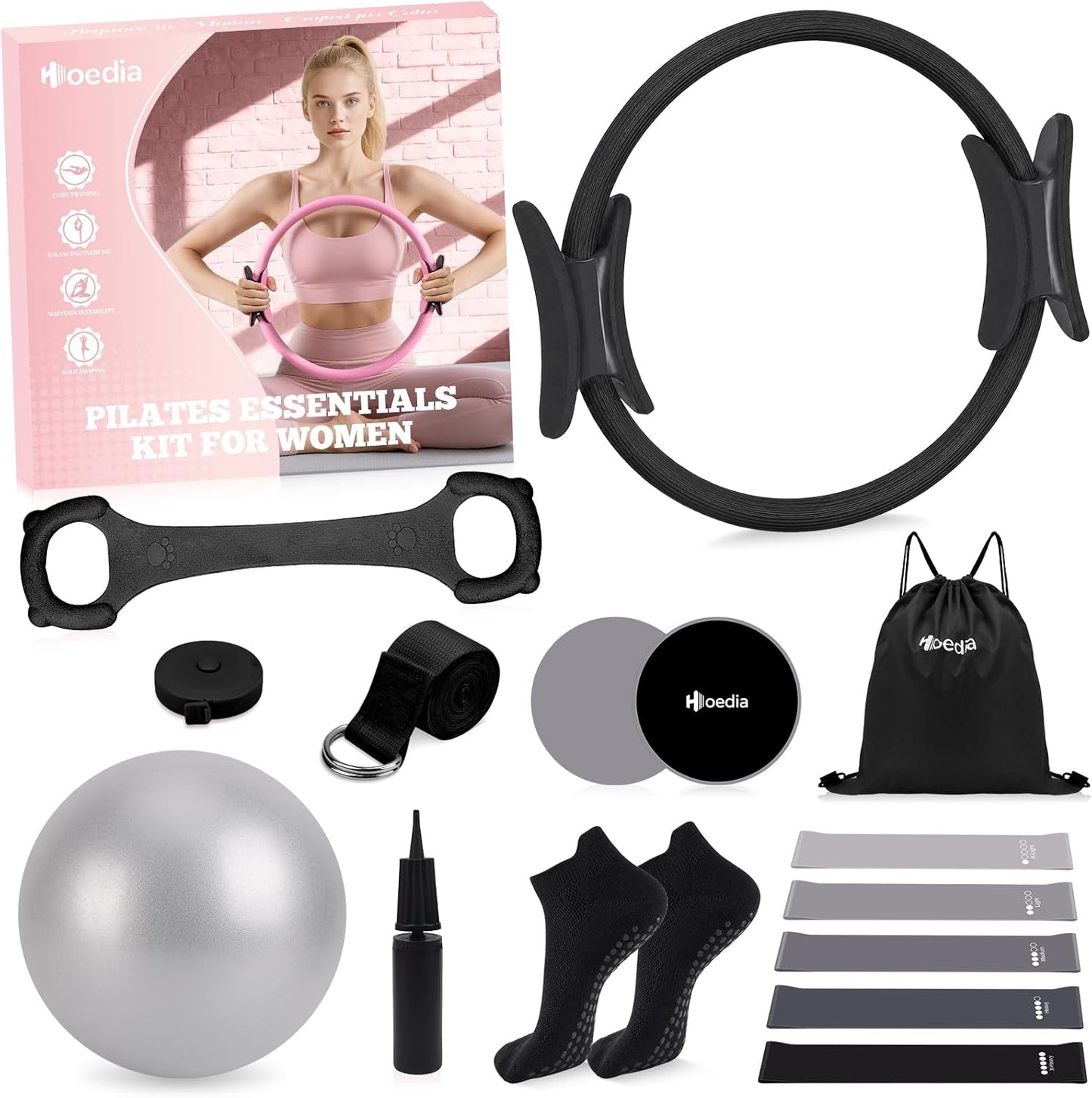 Pilates Kit for Women, Pilates Equipment Ring and Ball Set with Resistance Bands, Yoga Strap, Core Sliders, Socks, Bag & Guide for Starter Home Workout Fitness Gym Essentials