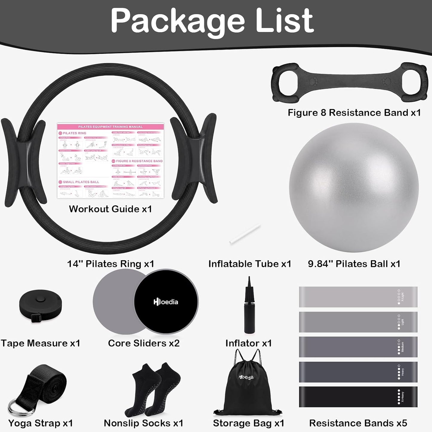 Pilates Kit for Women, Pilates Equipment Ring and Ball Set with Resistance Bands, Yoga Strap, Core Sliders, Socks, Bag & Guide for Starter Home Workout Fitness Gym Essentials