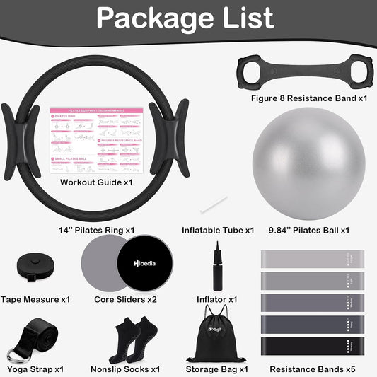 Pilates Kit for Women, Pilates Equipment Ring and Ball Set with Resistance Bands, Yoga Strap, Core Sliders, Socks, Bag & Guide for Starter Home Workout Fitness Gym Essentials