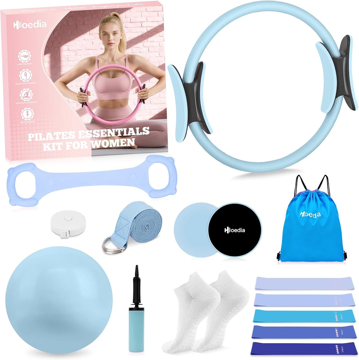 Pilates Kit for Women, Pilates Equipment Ring and Ball Set with Resistance Bands, Yoga Strap, Core Sliders, Socks, Bag & Guide for Starter Home Workout Fitness Gym Essentials