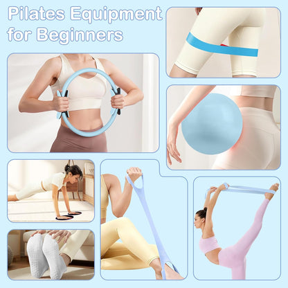 Pilates Kit for Women, Pilates Equipment Ring and Ball Set with Resistance Bands, Yoga Strap, Core Sliders, Socks, Bag & Guide for Starter Home Workout Fitness Gym Essentials