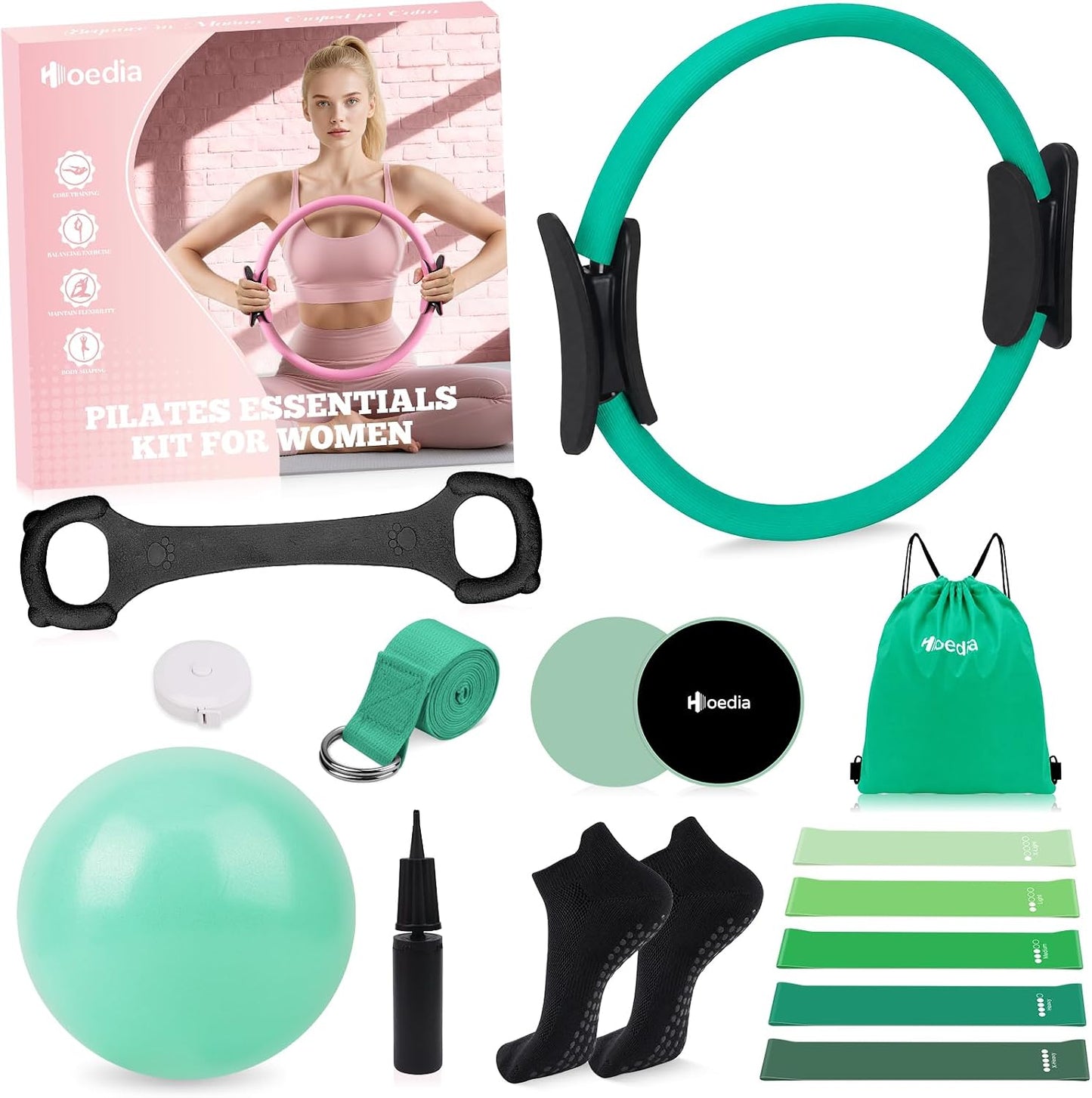 Pilates Kit for Women, Pilates Equipment Ring and Ball Set with Resistance Bands, Yoga Strap, Core Sliders, Socks, Bag & Guide for Starter Home Workout Fitness Gym Essentials
