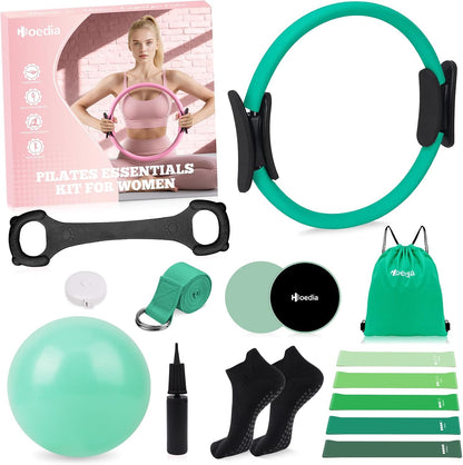 Pilates Kit for Women, Pilates Equipment Ring and Ball Set with Resistance Bands, Yoga Strap, Core Sliders, Socks, Bag & Guide for Starter Home Workout Fitness Gym Essentials