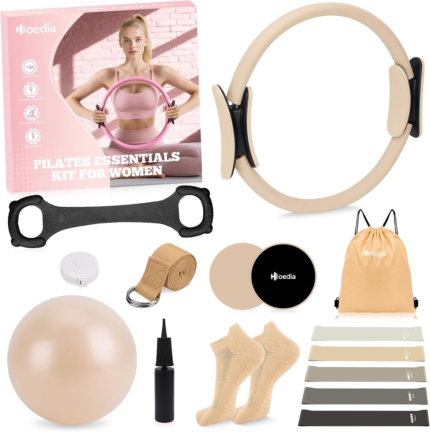 Pilates Kit for Women, Pilates Equipment Ring and Ball Set with Resistance Bands, Yoga Strap, Core Sliders, Socks, Bag & Guide for Starter Home Workout Fitness Gym Essentials