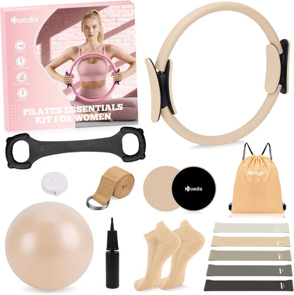 Pilates Kit for Women, Pilates Equipment Ring and Ball Set with Resistance Bands, Yoga Strap, Core Sliders, Socks, Bag & Guide for Starter Home Workout Fitness Gym Essentials