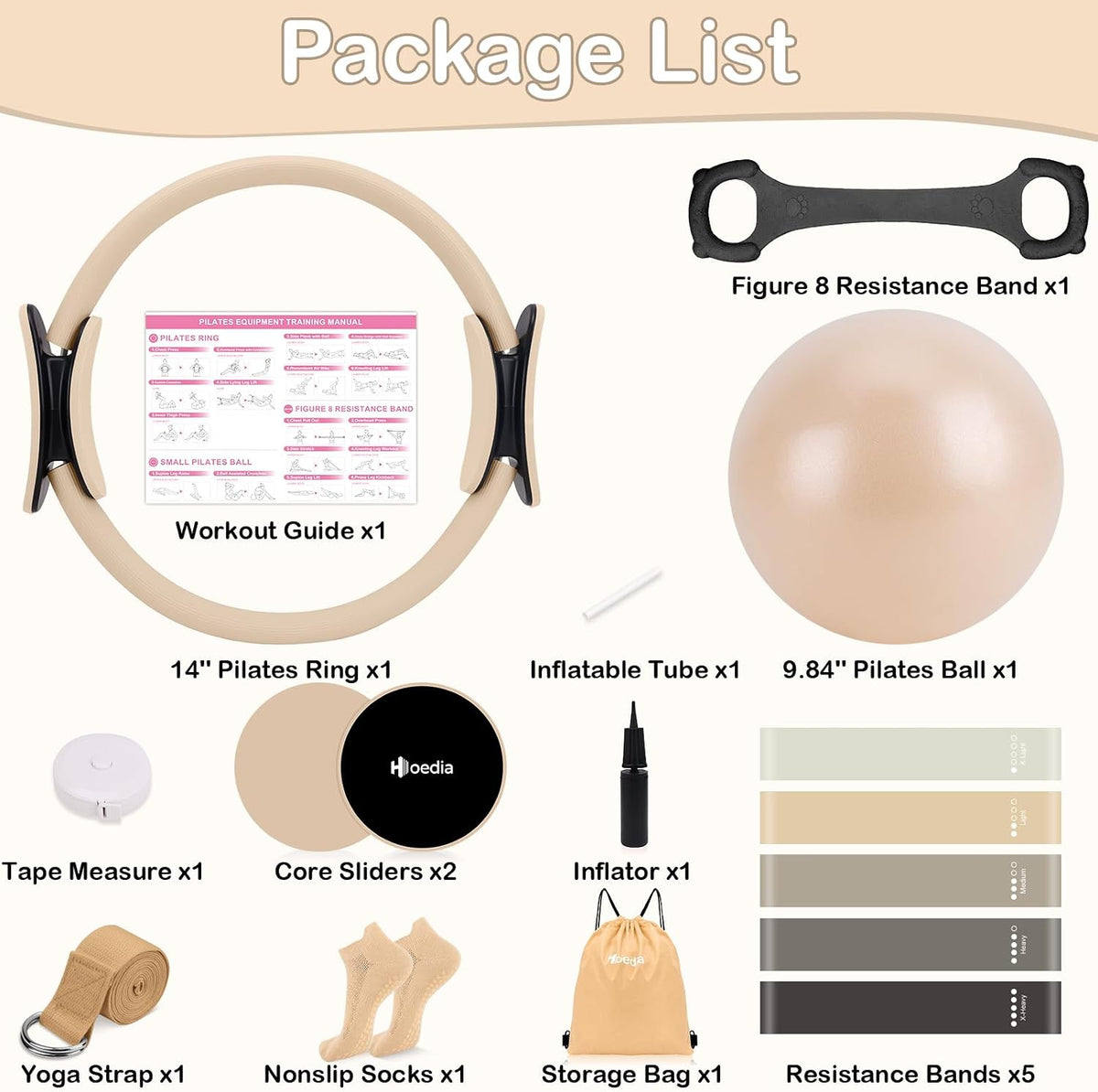 Pilates Kit for Women, Pilates Equipment Ring and Ball Set with Resistance Bands, Yoga Strap, Core Sliders, Socks, Bag & Guide for Starter Home Workout Fitness Gym Essentials
