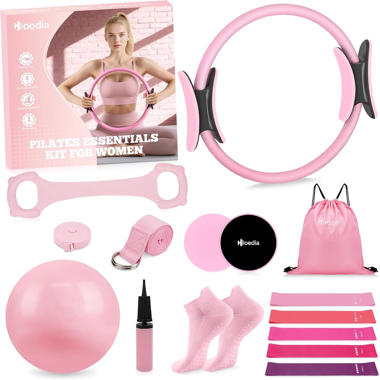 Pilates Kit for Women, Pilates Equipment Ring and Ball Set with Resistance Bands, Yoga Strap, Core Sliders, Socks, Bag & Guide for Starter Home Workout Fitness Gym Essentials