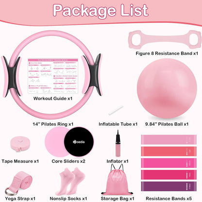Pilates Kit for Women, Pilates Equipment Ring and Ball Set with Resistance Bands, Yoga Strap, Core Sliders, Socks, Bag & Guide for Starter Home Workout Fitness Gym Essentials