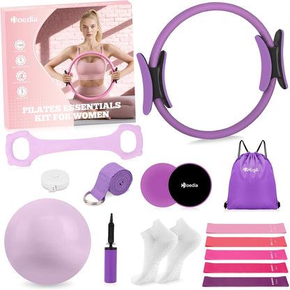 Pilates Kit for Women, Pilates Equipment Ring and Ball Set with Resistance Bands, Yoga Strap, Core Sliders, Socks, Bag & Guide for Starter Home Workout Fitness Gym Essentials