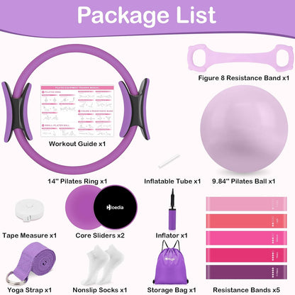 Pilates Kit for Women, Pilates Equipment Ring and Ball Set with Resistance Bands, Yoga Strap, Core Sliders, Socks, Bag & Guide for Starter Home Workout Fitness Gym Essentials