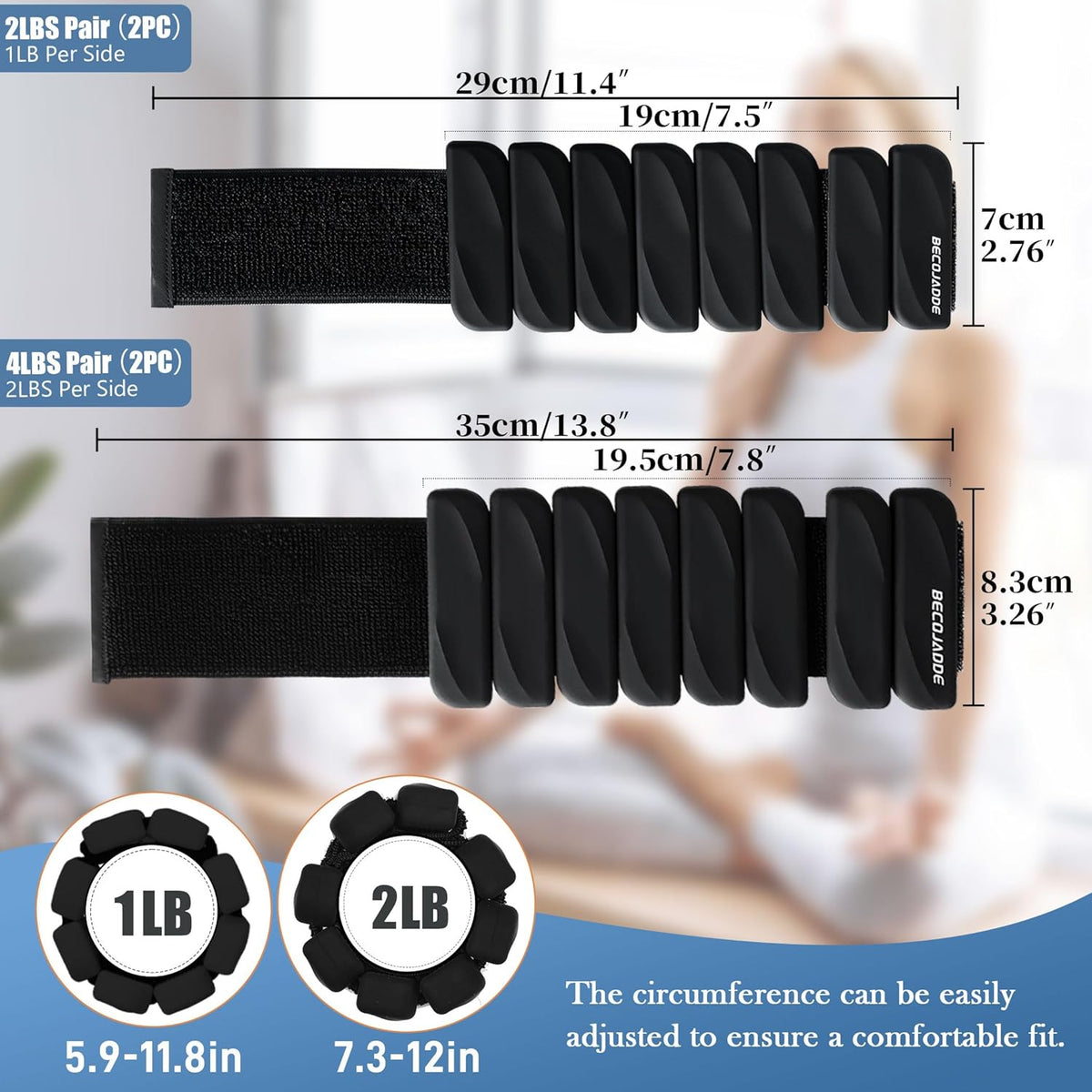 Ankle Weights Set of 2 (1 lb/2 lb Each) for Women Men Adjustable Wrist Bracelet for Home Gym Weighted Bangles Wristbands Leg Arm Weights for Walking Swimming Running Pilates Yoga Gym