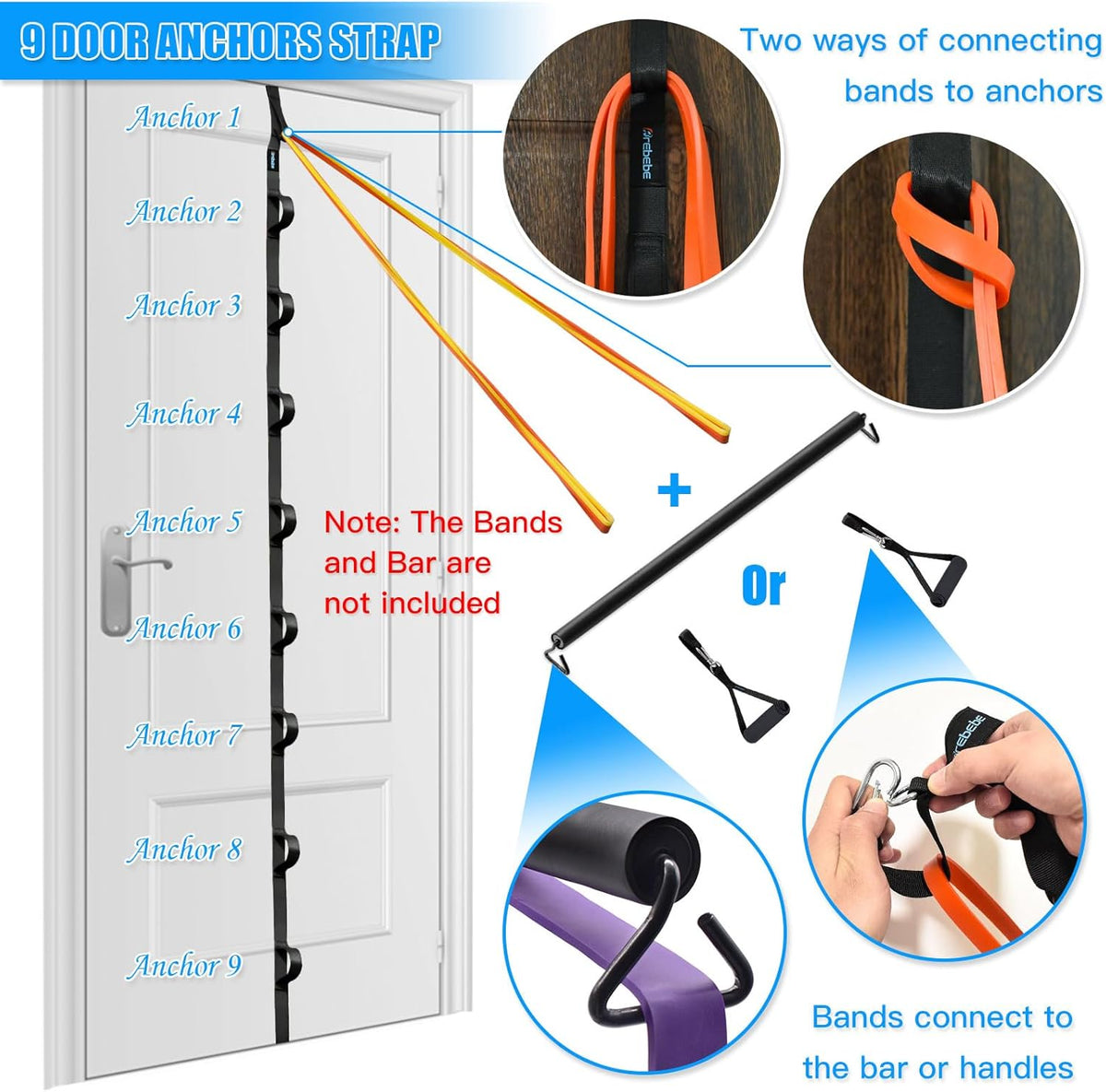Door Anchor Strap for Resistance Bands Exercises, Multi Point Anchor Gym Attachment for Home Fitness, Portable Door Band Resistance Workout Equipment, Easy to Install, Punch-Free, Nail-Free