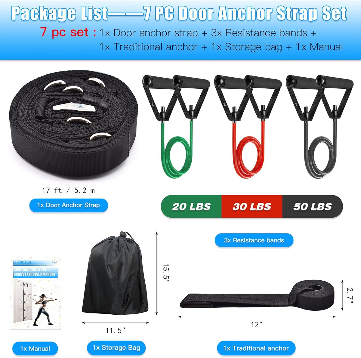 Door Anchor Strap for Resistance Bands Exercises, Multi Point Anchor Gym Attachment for Home Fitness, Portable Door Band Resistance Workout Equipment, Easy to Install, Punch-Free, Nail-Free