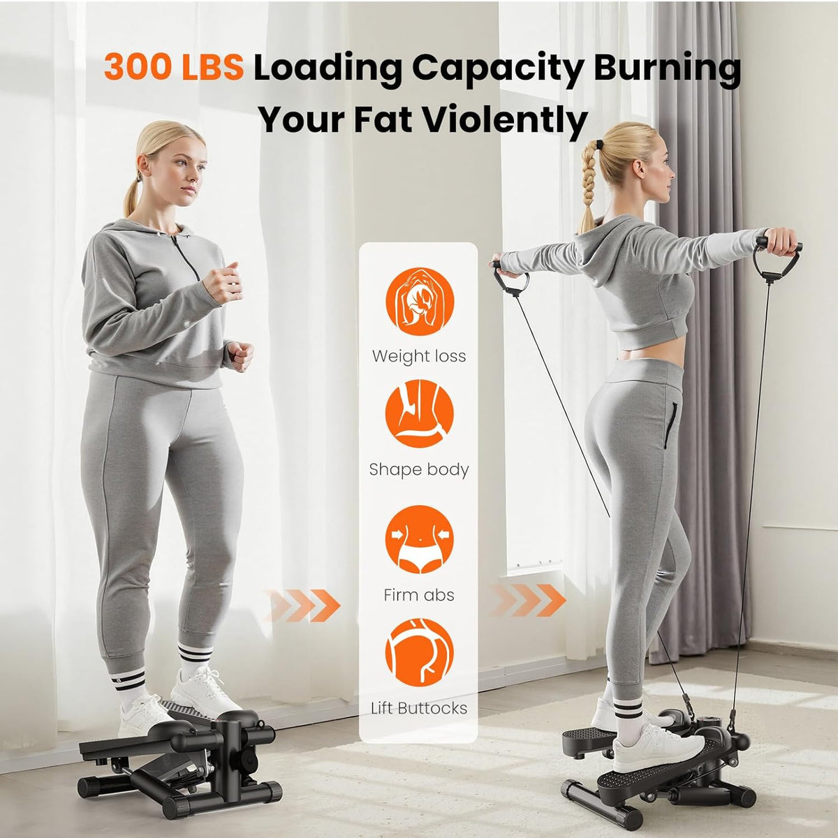 Mini Stair Steppers with Resistance Bands for Exercise at Home, Portable Exercise Twist Stepper Machine for Full Body Workout, 300LBS Capacity