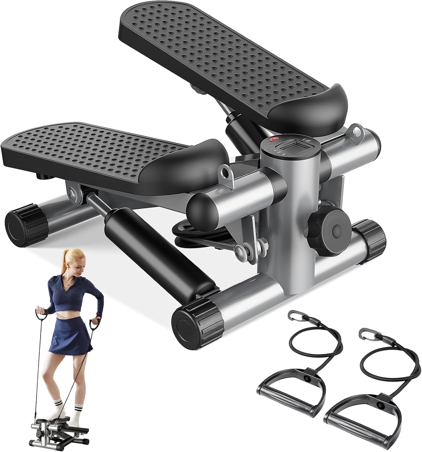 Mini Stair Steppers with Resistance Bands for Exercise at Home, Portable Exercise Twist Stepper Machine for Full Body Workout, 300LBS Capacity