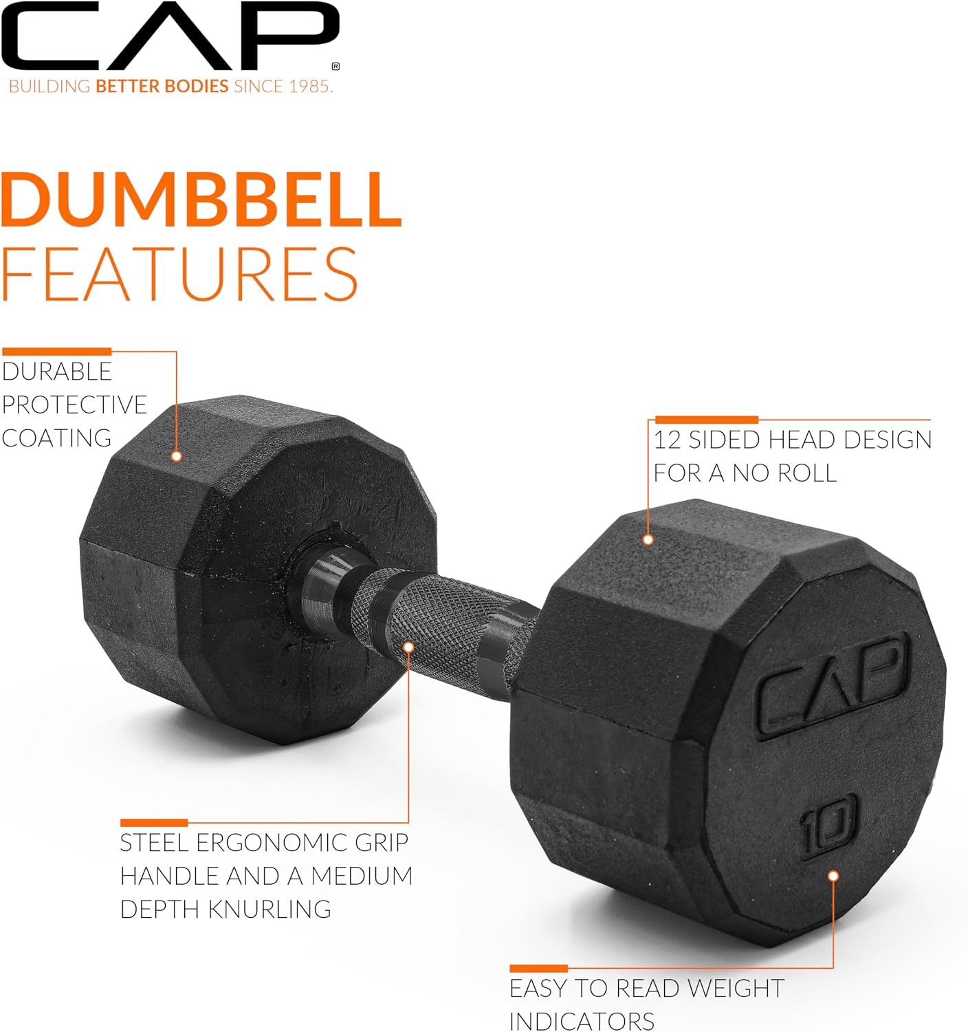 Rubber Coated Dumbbell Weights, Free Weights for Home Gym Strength Training, Anti-Roll Hex Dumbbells with Black, Chrome & Comfort Grip Handles, Singles