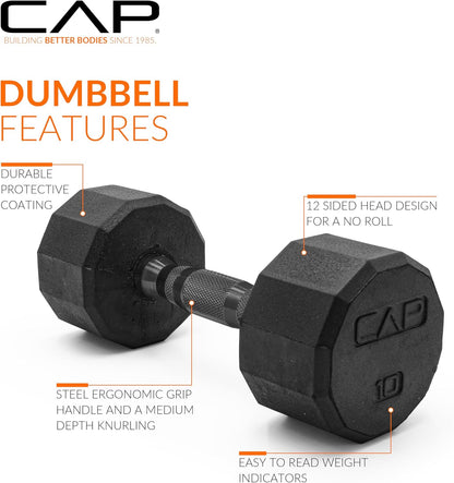 Rubber Coated Dumbbell Weights, Free Weights for Home Gym Strength Training, Anti-Roll Hex Dumbbells with Black, Chrome & Comfort Grip Handles, Singles