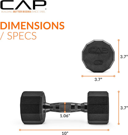 Rubber Coated Dumbbell Weights, Free Weights for Home Gym Strength Training, Anti-Roll Hex Dumbbells with Black, Chrome & Comfort Grip Handles, Singles