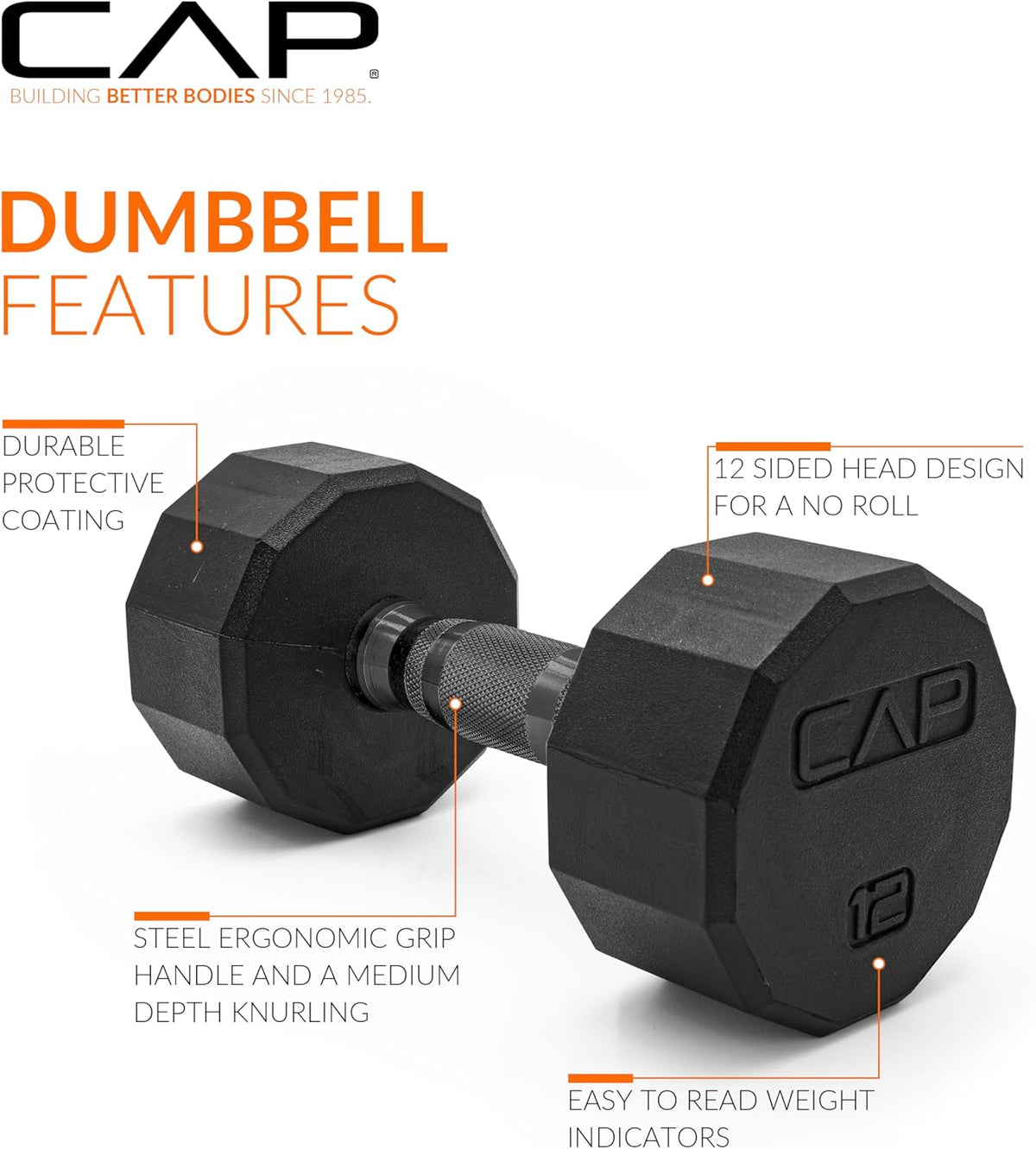 Rubber Coated Dumbbell Weights, Free Weights for Home Gym Strength Training, Anti-Roll Hex Dumbbells with Black, Chrome & Comfort Grip Handles, Singles