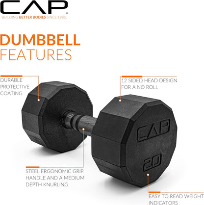 Rubber Coated Dumbbell Weights, Free Weights for Home Gym Strength Training, Anti-Roll Hex Dumbbells with Black, Chrome & Comfort Grip Handles, Singles