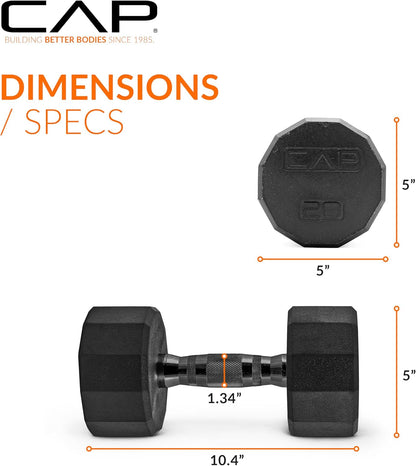 Rubber Coated Dumbbell Weights, Free Weights for Home Gym Strength Training, Anti-Roll Hex Dumbbells with Black, Chrome & Comfort Grip Handles, Singles
