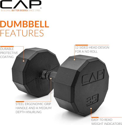 Rubber Coated Dumbbell Weights, Free Weights for Home Gym Strength Training, Anti-Roll Hex Dumbbells with Black, Chrome & Comfort Grip Handles, Singles