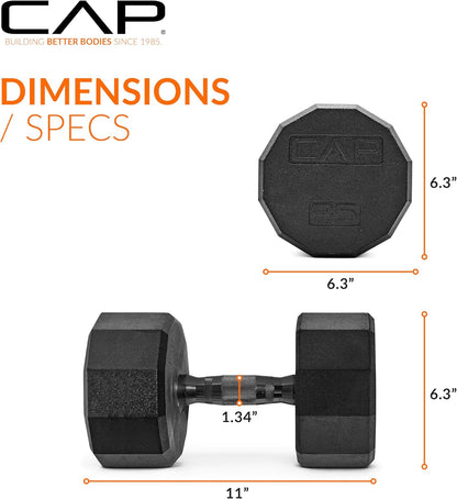 Rubber Coated Dumbbell Weights, Free Weights for Home Gym Strength Training, Anti-Roll Hex Dumbbells with Black, Chrome & Comfort Grip Handles, Singles