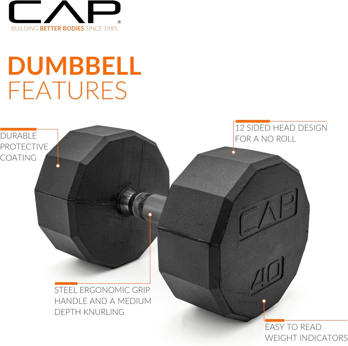Rubber Coated Dumbbell Weights, Free Weights for Home Gym Strength Training, Anti-Roll Hex Dumbbells with Black, Chrome & Comfort Grip Handles, Singles