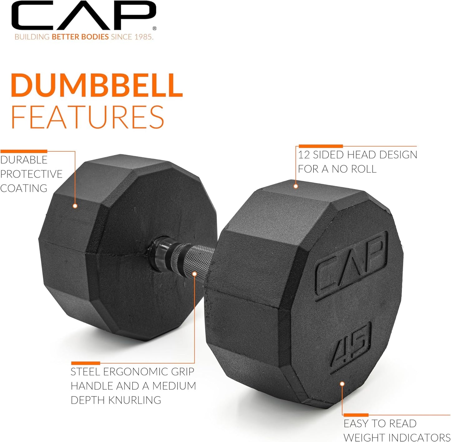 Rubber Coated Dumbbell Weights, Free Weights for Home Gym Strength Training, Anti-Roll Hex Dumbbells with Black, Chrome & Comfort Grip Handles, Singles