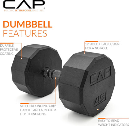 Rubber Coated Dumbbell Weights, Free Weights for Home Gym Strength Training, Anti-Roll Hex Dumbbells with Black, Chrome & Comfort Grip Handles, Singles