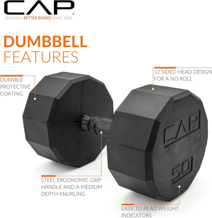 Rubber Coated Dumbbell Weights, Free Weights for Home Gym Strength Training, Anti-Roll Hex Dumbbells with Black, Chrome & Comfort Grip Handles, Singles