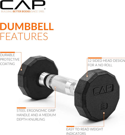 Rubber Coated Dumbbell Weights, Free Weights for Home Gym Strength Training, Anti-Roll Hex Dumbbells with Black, Chrome & Comfort Grip Handles, Singles