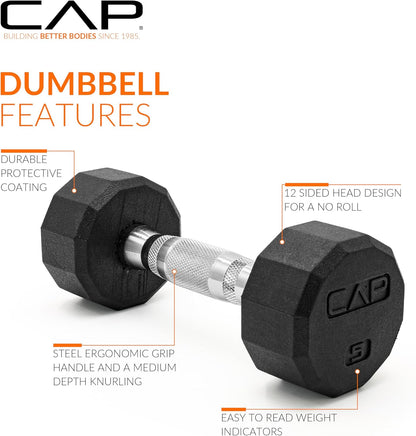 Rubber Coated Dumbbell Weights, Free Weights for Home Gym Strength Training, Anti-Roll Hex Dumbbells with Black, Chrome & Comfort Grip Handles, Singles